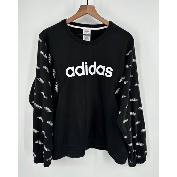 Adidas Crewneck Sweatshirt Women Large Black Logo Loose Fitting Graphic Boxy - Picture 1 of 9